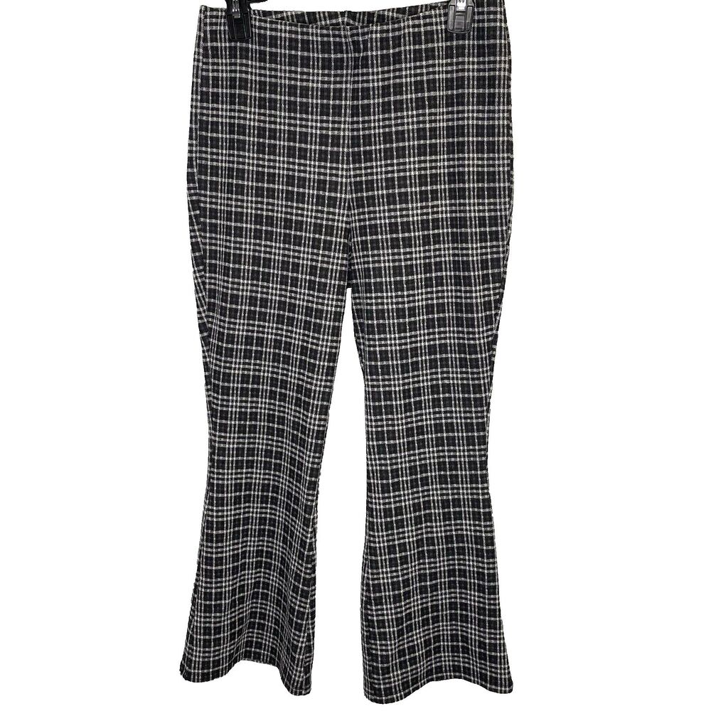 Stitch & Pine Cropped Flare Pants Plaid High Waist Stretch Womens M Black White